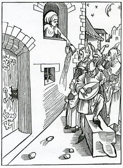 Af nattevogtere og bedre på gaden, der spiller om natten på instrumenter og synge lyke foyles, når tyme skal hvile, illustration fra Alexander Barclays engelske oversættelse af 